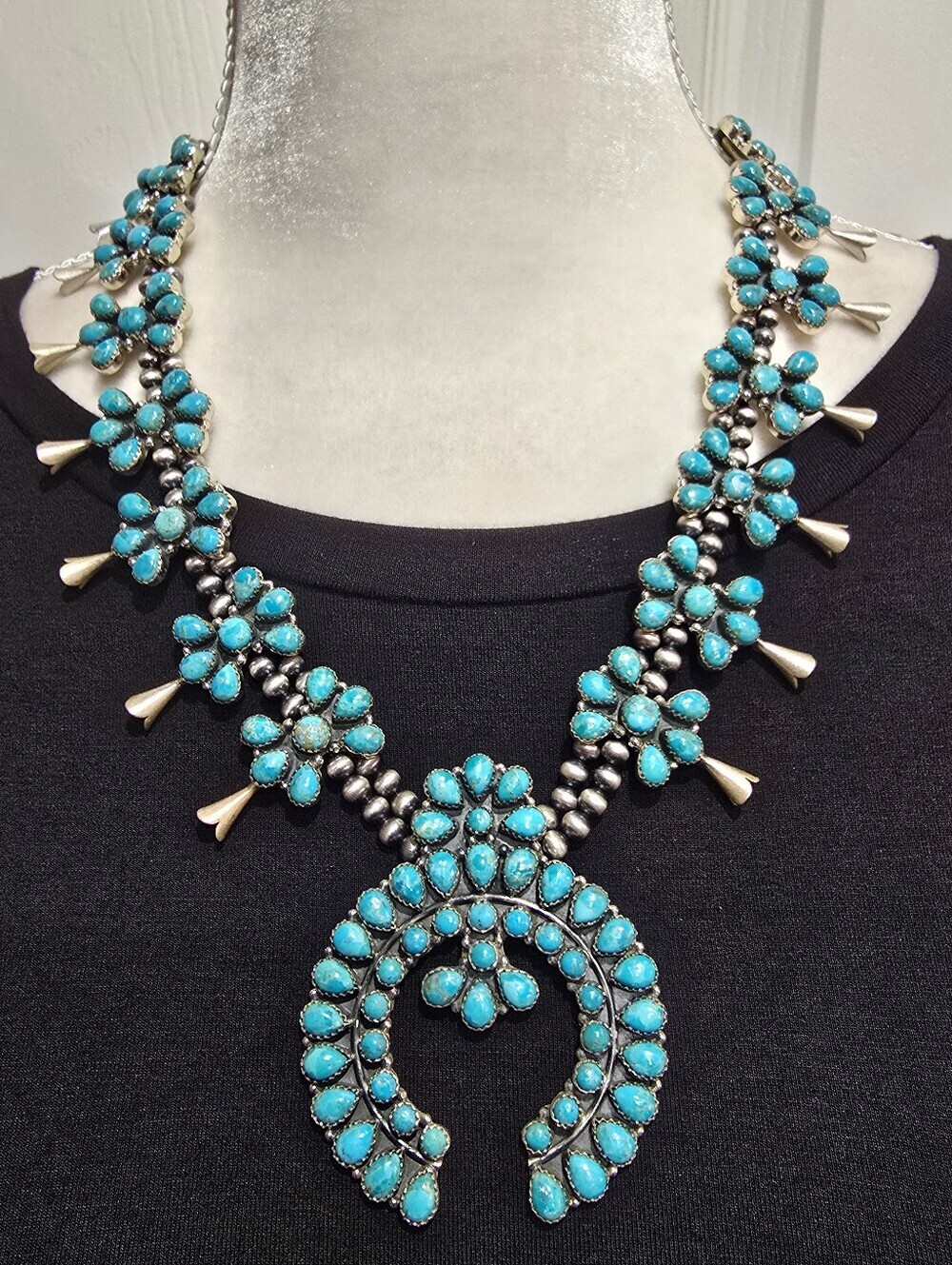 Kingsman Turquoise Squash Blossom Sterling Silver Traditional Style Necklace